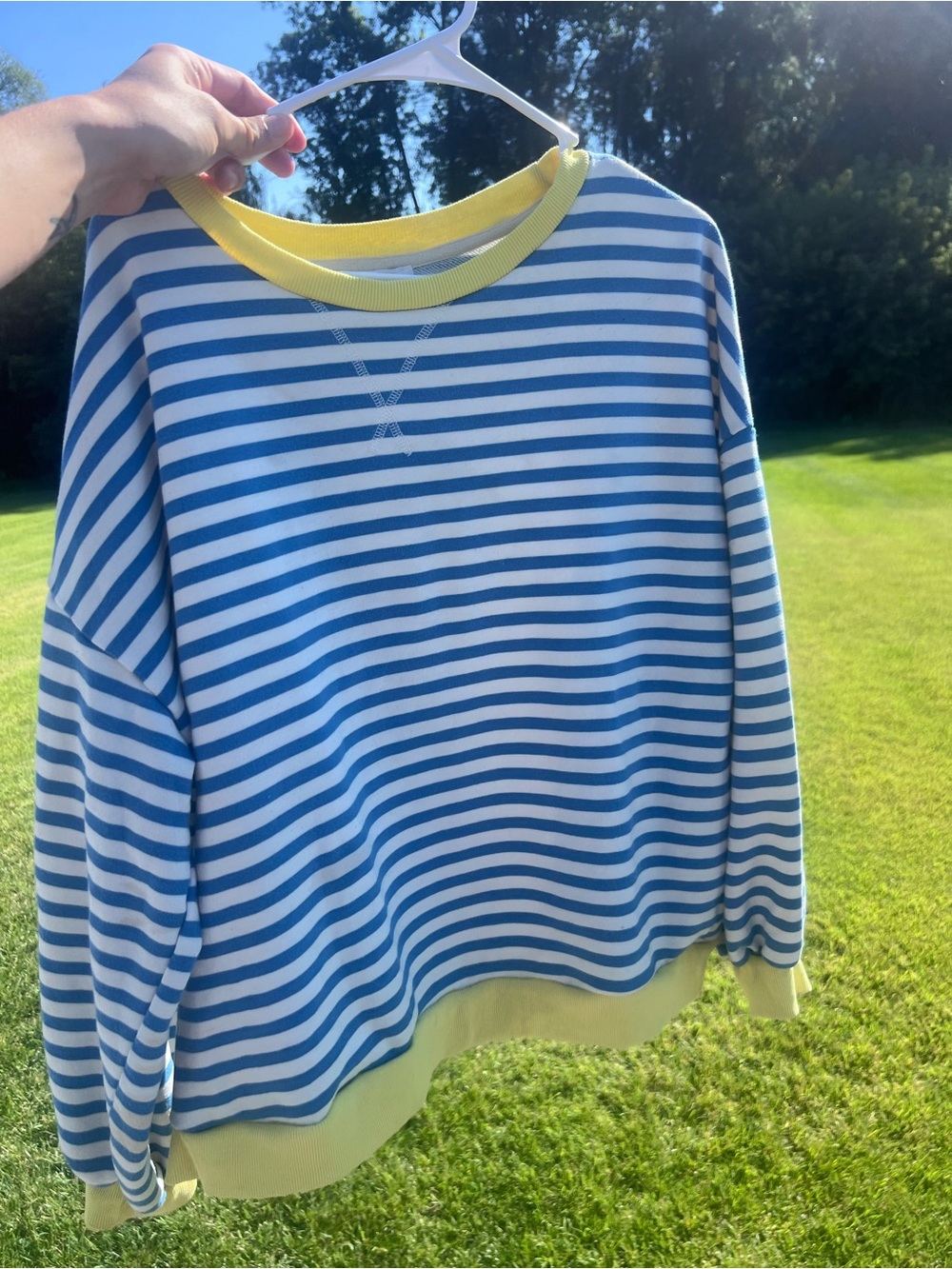 UEU Blue White Striped Crewneck Sweatshirt Yellow Trim Oversized Size L